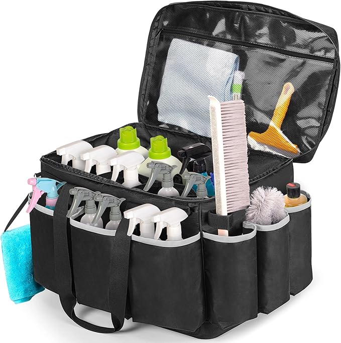 Extra-Large Cleaning Caddy with EVA Hard Bottom, High Capacity Cleaning Supplies Organizer for Housekeeping & Home Work, Cleaner Tools Tote Bag with Shoulder Strap, Patent Design