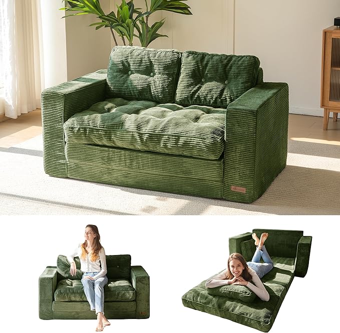 MAXYOYO Convertible Sofa Bed, Pull Out Loveseat Sleeper Sofa, 2 in 1 Folding Couch Bed, Floor Couch with Pillows for Living Room Bedroom Lounge, Dark Green