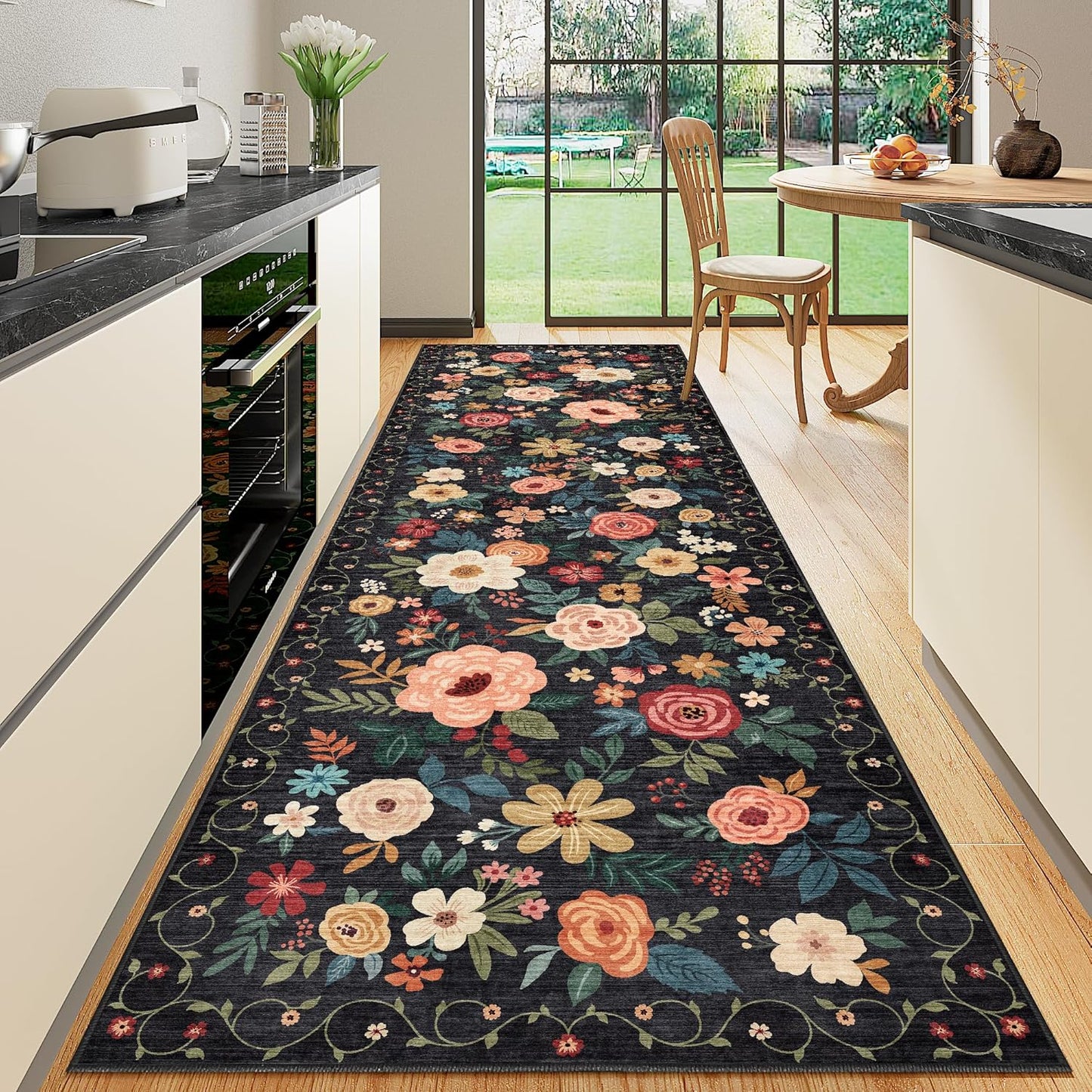 DUKINO 3x10 Runner Rug for Hallway, Washable Kitchen Floral Runner Rug with Non Slip Backing, Low Pile Soft Boho Carpet for Kitchen, Hallway, Entryway, Laundry, Bedroom, Black