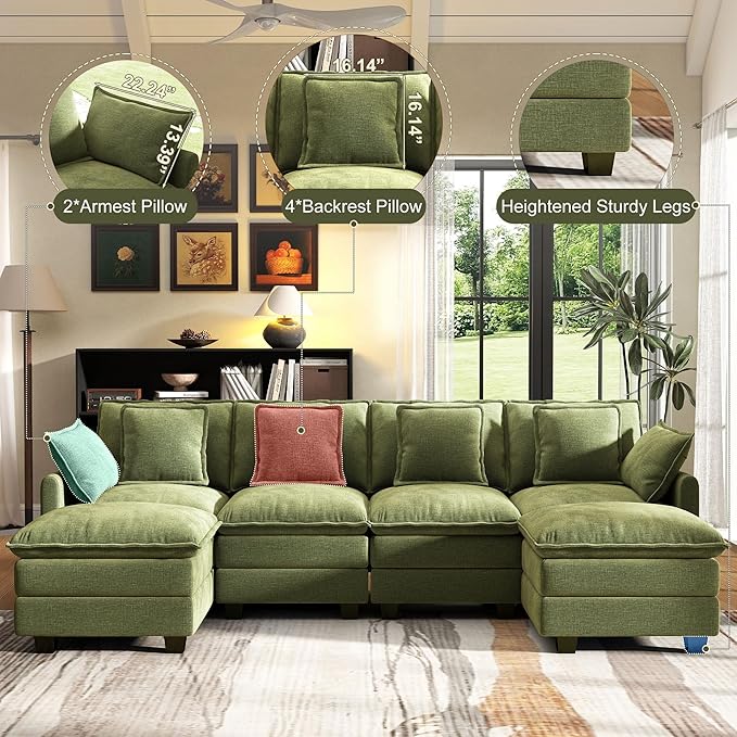Cloud Couch Sectional, U Shaped Modular Sectional Sofa, 4-Seat Deep Seat Couch with 6 Removable Washable Pillows and 2 Ottoman for Living Room, Bedroom, Apartment