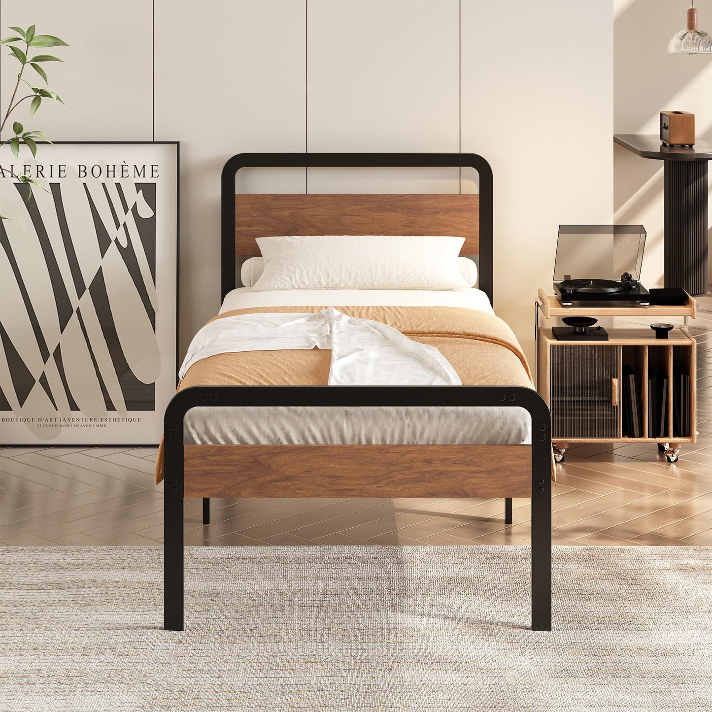 EMODA 16 Inch Twin Size Bed Frames with Wooden Headboard and Footboard, Heavy Duty Metal Slats Support Mattress Foundation, No Box Spring Needed, Easy Assembly