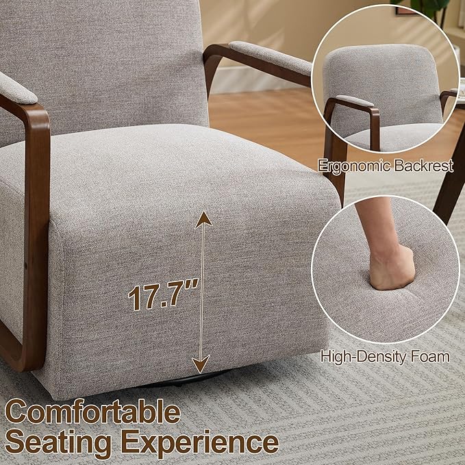 CACFTII 32" Chenille Upholstered Swivel Accent Chair, 360° Rotating Metal Base Modern Lounge Chair with Wooden Armrests for Living Room Bedroom, Brown