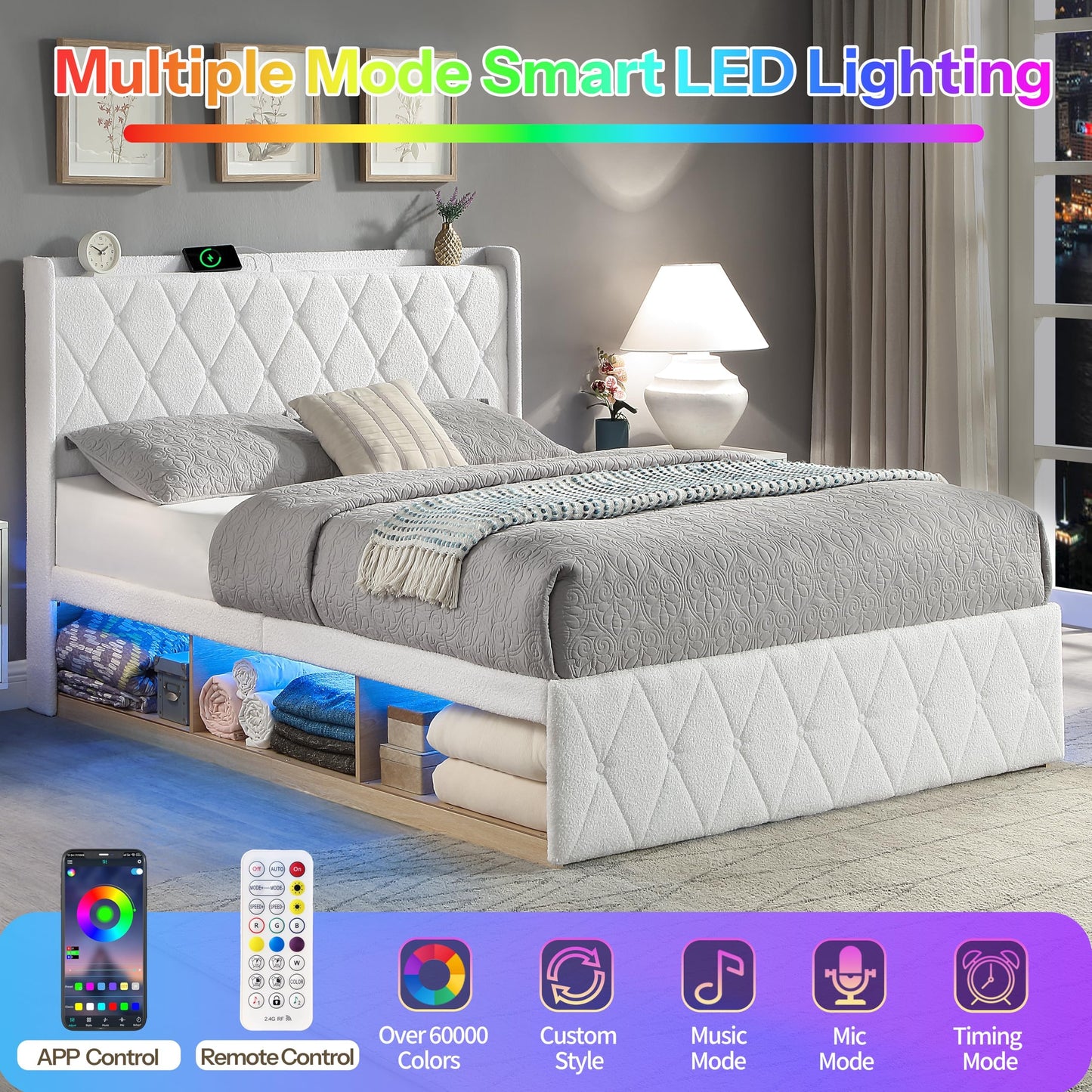 DynJest Queen Size Bed Frame with 6 Storage Cabinet and LED Lights, Boucle Upholstered Button Tufted Headboard - Includes Charging Station, Noise-Free, No Box Spring Needed, (Modern Style) White