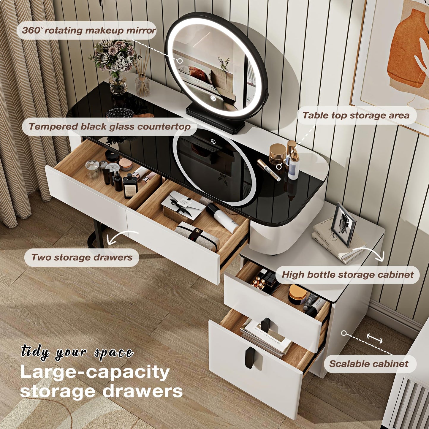 KDCAS Small Vanity Desk with Mirror and Lights| Modern Makeup Vanity Table with Adjustable Nightstand and 4 Storage Drawers| Black and White Dressing Table for Bedroom Space