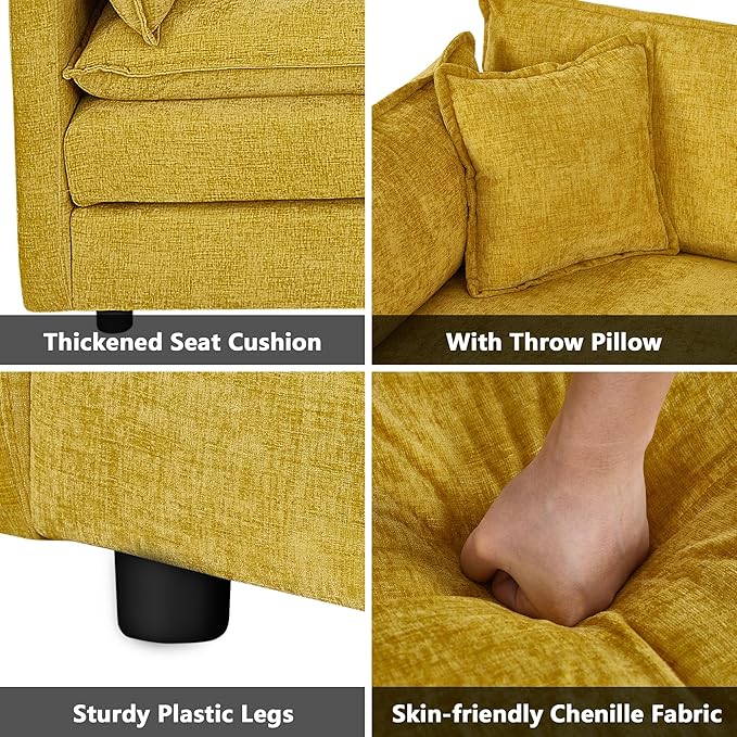 mikibama Luxury Loveseat Sofa Couch, 76" Modern Chenille Deep 2-Seater Cloud Couch with 2 Armrest Pillows and 2 Toss Pillows, Love Seat for Living Room Bedroom Office Apartment, Yellow