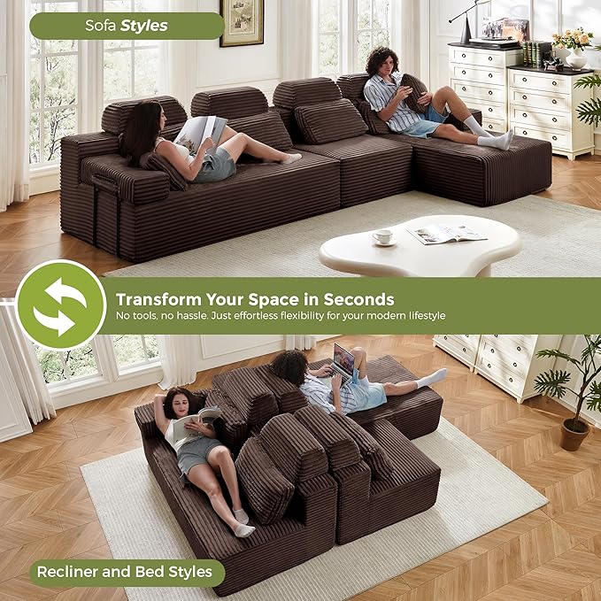 136" L-Shaped Cloud Modular Sectional Sofa with Chaise & Headrest, Boneless Deep Seat Plush Corduroy Couches for Large Living Room, No Assembly Required (Brown, 136" L-shapred Chaise)