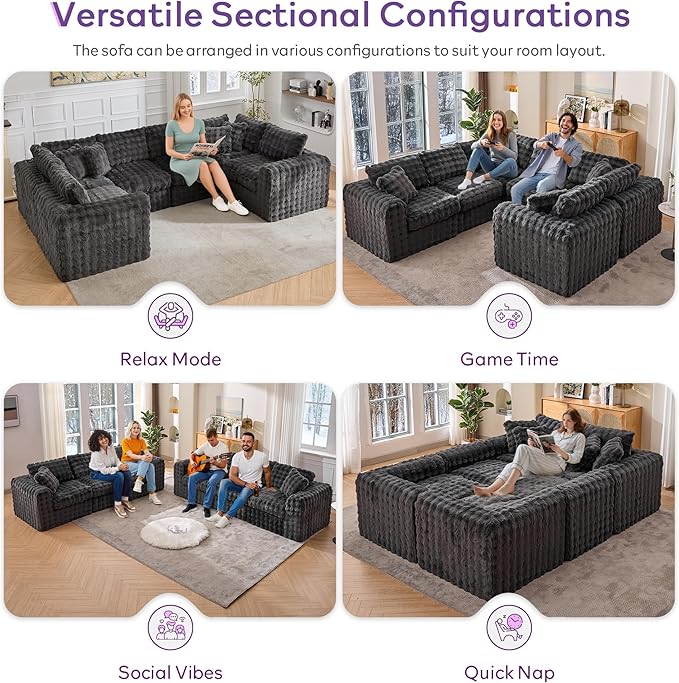 TYBOATLE 135’’ Boneless Slow-Rebound Memory Foam Couch, Cloud Sectional Couches for Living Room w/Upgraded Fabric, Deep Seat Comfy Fluffy U Shaped Modular Sectional Sofa w/Chaise (Grey, 6U)