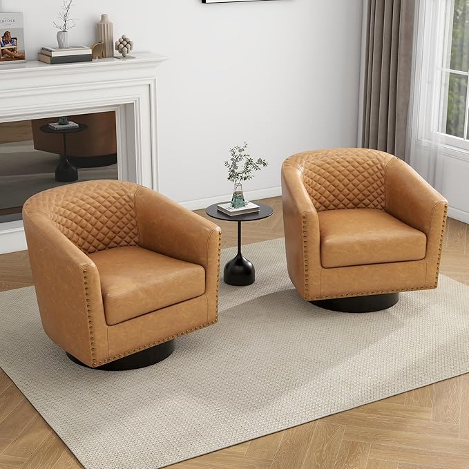UIXE Faux Leather Swivel Barrel Accent Chair, Upholstered Round Armchair Club Chair for Living Room, Comfy Single Sofa Bedroom Reading Seat - Coffee