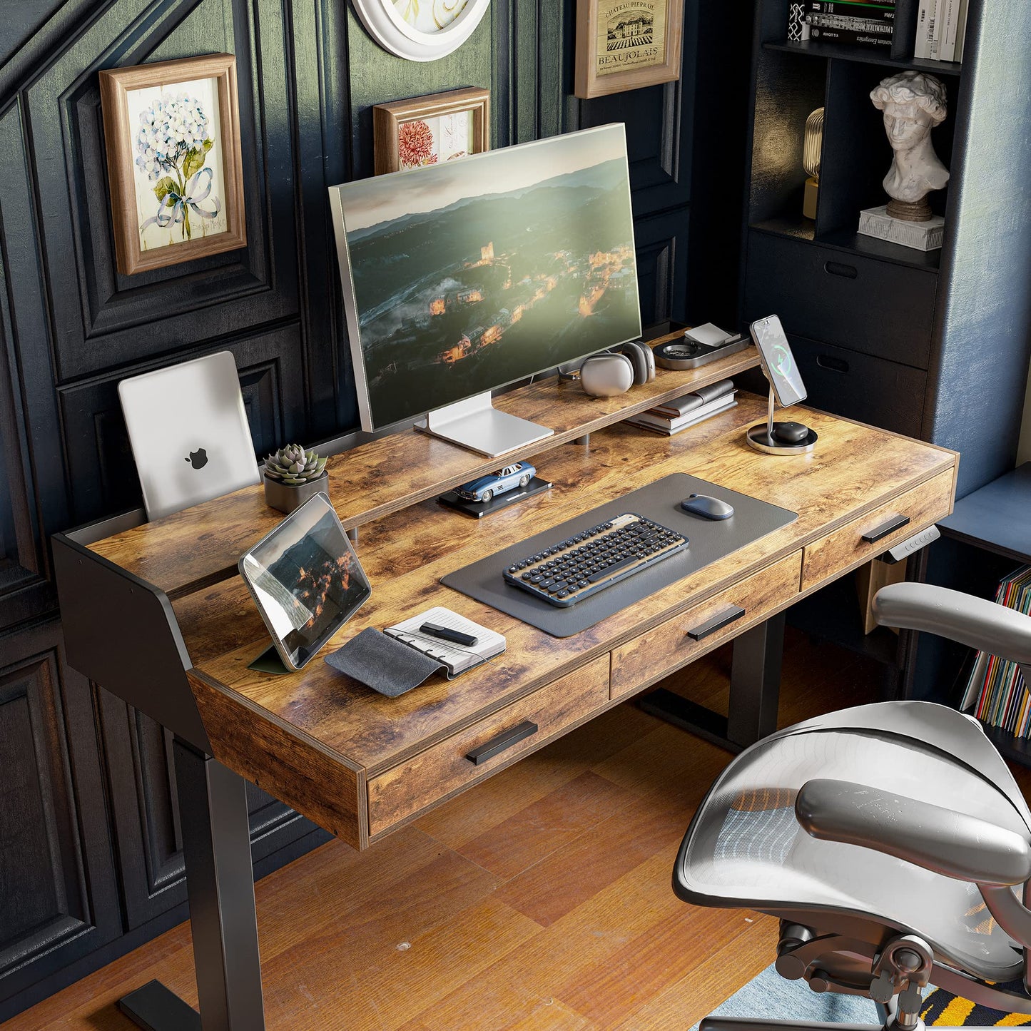 CubiCubi Standing Desk 48x26 Inches with 3 Wood Drawers and Monitor Shelf, Ergonomic Rising Home Office Desks, Height Adjustable Computer Desk, Sit Stand Up Electric Workstation Table, Brown