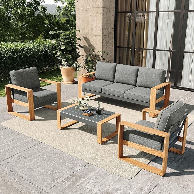 4 Pieces Aluminum Patio Furniture Set, Outdoor Conversation Sets with High Backrest Sofa and Coffee Table for Garden and Backyard