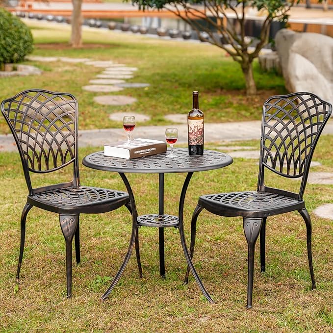Withniture Bistro Set 3 Piece Outdoor Cast Aluminum Patio Bistro Set with 1.97” Umbrella Hole, Patio Table and Chairs Set of 2 Metal Furniture Set for Porch, Yard, Bronze