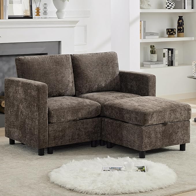 WUTUTUEE 58'' Modular Sectional Loveseat Sofa with Storage, Comfy Office L Shaped Sofa Couch, Chenille Love Seat Modular Sectional Couch with Movable Ottoman for Living Room, Bedroom, Brown