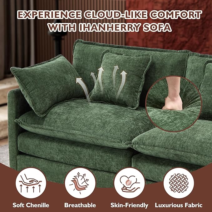 Ihanherry Cloud Sofa 77 Inch Loveseat, Modern Sectional Couch, 2-Seats Sofa for Living Room Bedroom and Apartment, Comfy Double Layer Upholstered Seat Cushion, Breathable Chenille Fabric, Green