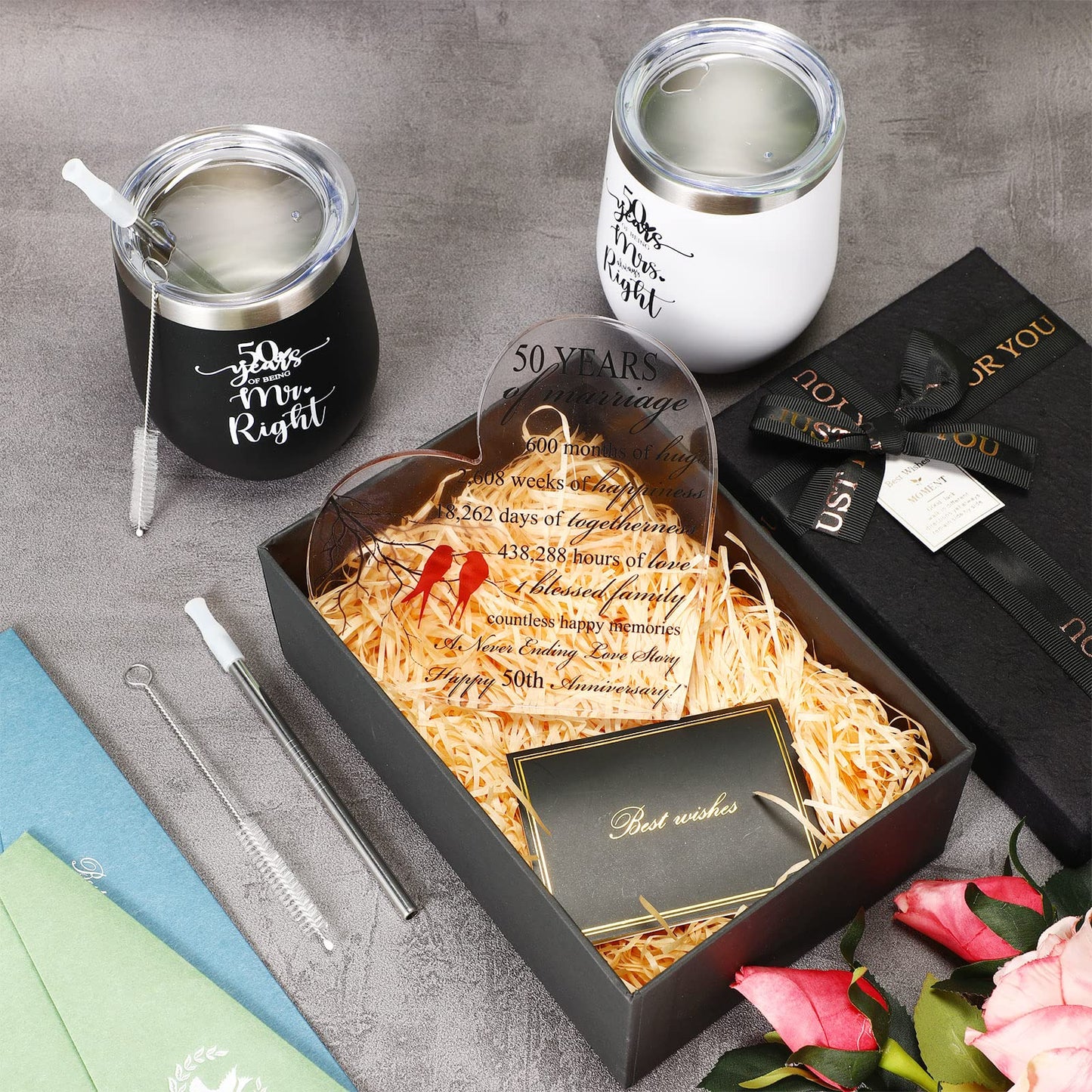 3 Pcs 50th Anniversary Wedding Gifts for Couple Parents Husband Wife Golden Wedding 50th Years of Marriage Heart Keepsake 2 Pcs Insulated Mr and Mrs Wine Glasses Grandparents Gifts from Grandkids