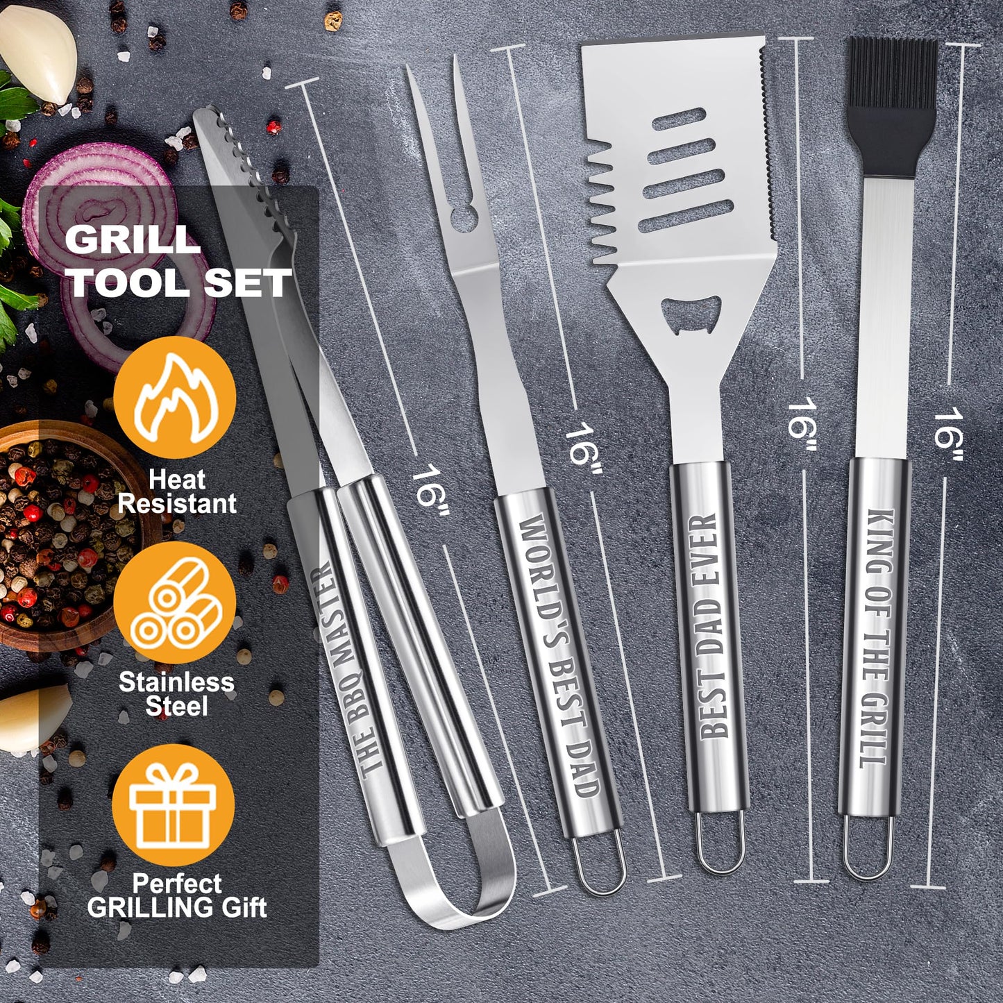 Dad Birthday Gifts, Grilling Accessories, Heavy Duty Stainless Steel Grill Set BBQ Grill Tools for Outdoor Grill with Aluminum Case, Dad Grill Utensils Ideal Christmas Grilling Gift for Men(Black)