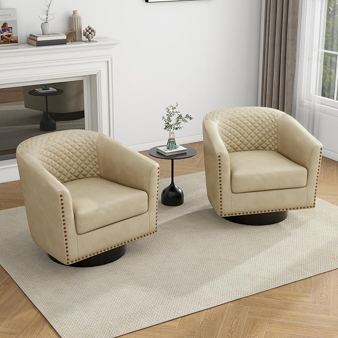 UIXE Swivel Accent Chairs Set of 2, PU Leather Barrel Club Chair for Living Room, Upholstered Round Armchair Comfy Single Sofa Bedroom Reading Seat - Beige