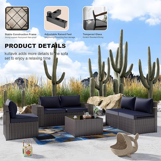 Kullavik Outdoor Patio Furniture Set 6 Pieces Sectional Rattan Sofa Set Brown PE Rattan Wicker Patio Conversation Set with 5 Seat Cushions and 1 Tempered Glass Table,Navy Blue