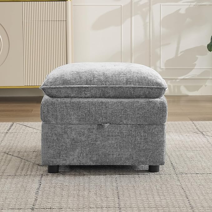 Abbrevi 27" Large Square Ottoman with Storage, Modern Upholstered Footrest with Anti-Slip Legs for Couch Coffee Table Living Room, Bedroom, Entryway, Chenille Light Grey