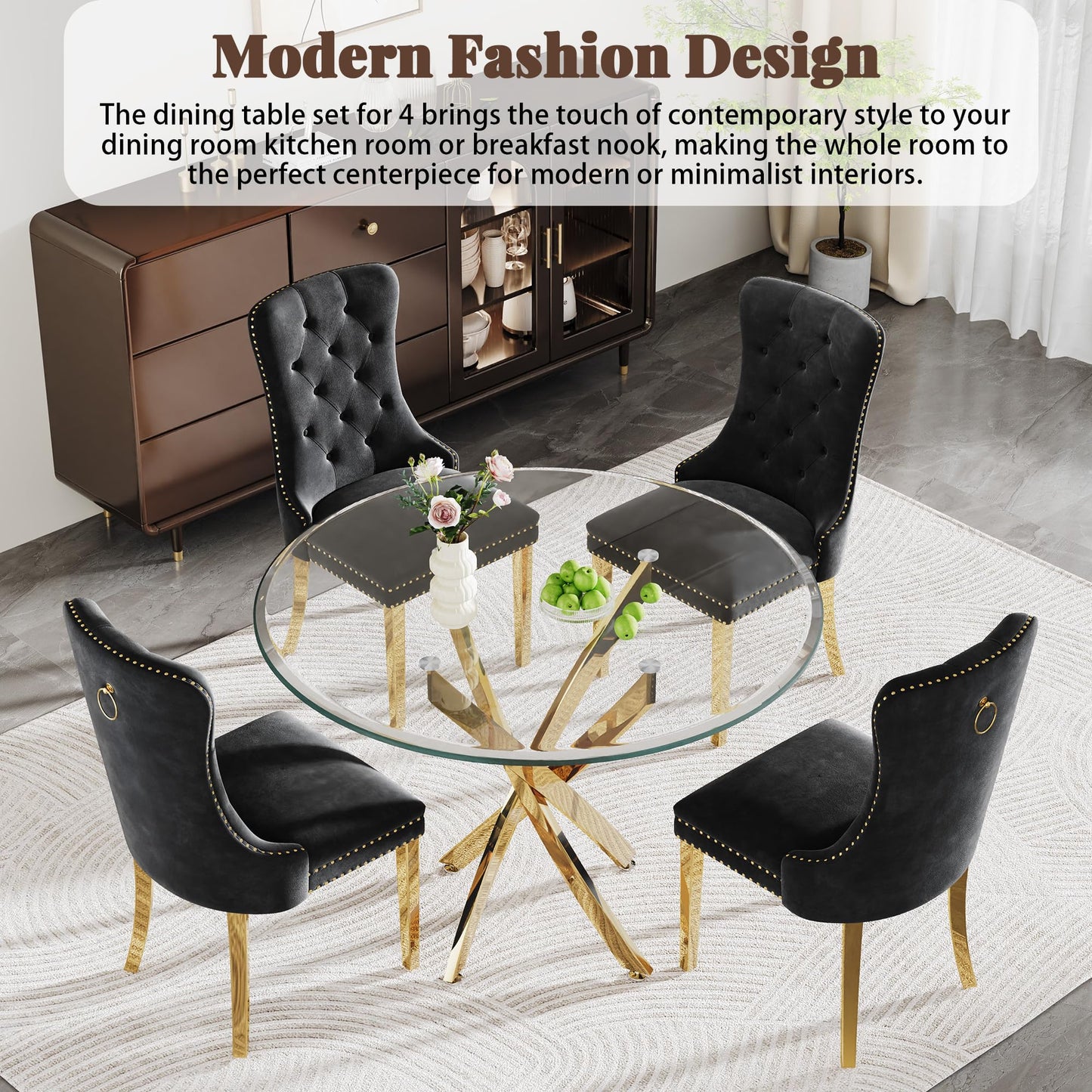 AMHDDT Round Glass Dining Table Set for 4, Modern 36" Clear Tempered Glass Kitchen Table with Gold Crossed Legs and 4 Black Velvet Upholstered Chairs, for Dining Room, Living Room, Apartment