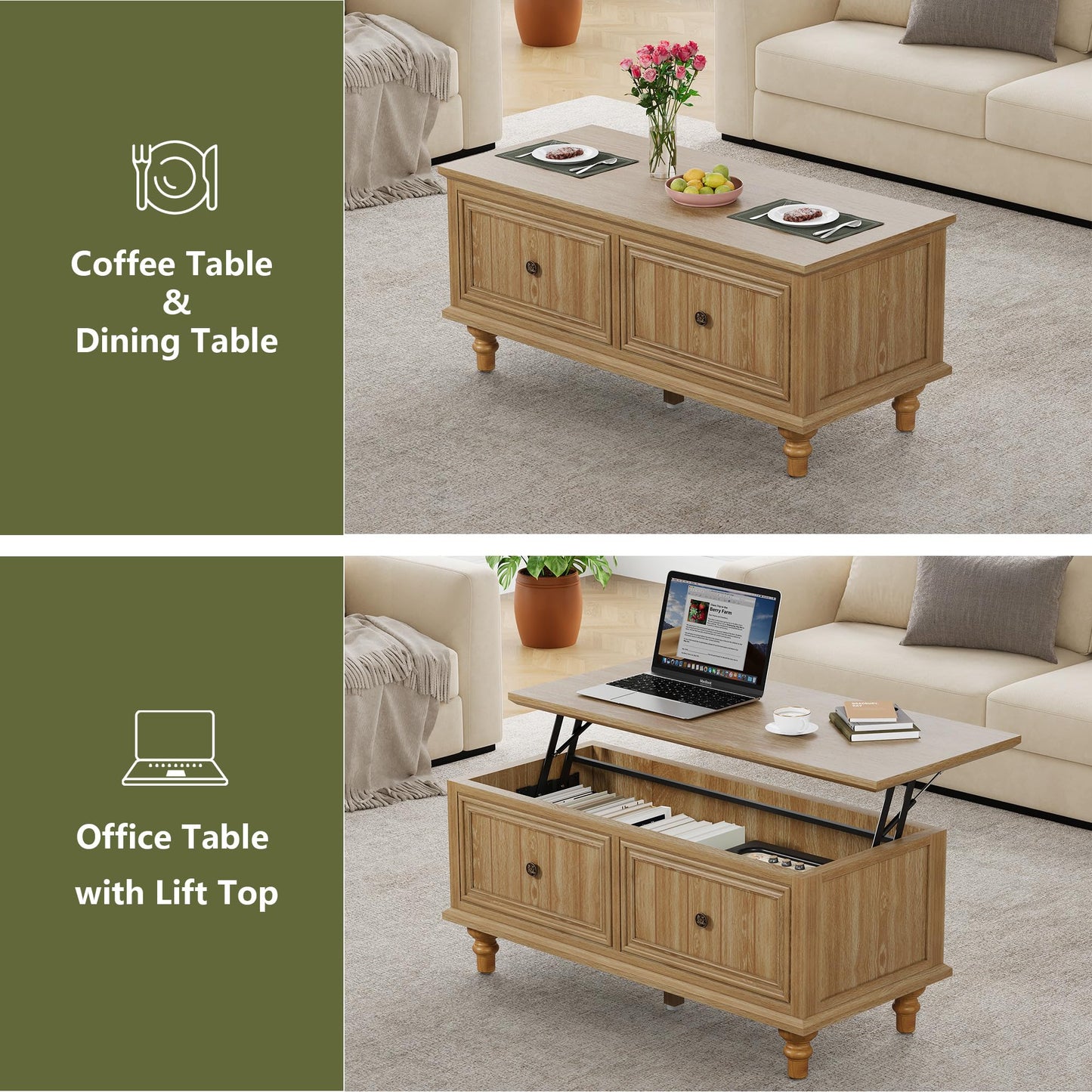 MAHYIZYI 39" Lift Top Coffee Table for Hidden Compartment, Wood Coffee Tables with Shelf, Farmhouse Rectangular Center Table Dining Table for Living Room Home Office Small Space (Natural)