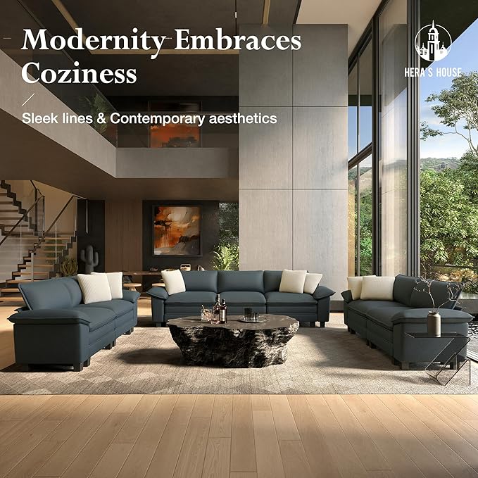 HERA'S HOUSE 3 Pieces Modular Sectional Sofa Sets, Oversized Couch Set with Loveseats and Armchair, Comfy Cloud Couches with Throw Pillows, 6-Seater Sofa for Living Room, Chenille Dark Blue