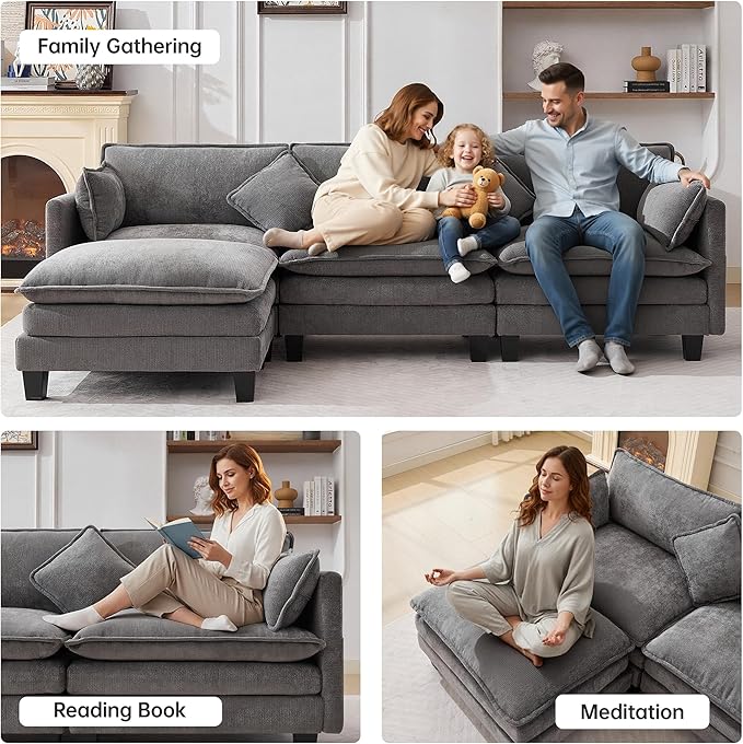 Opiesit 108" Modular Sectional Couches for Living Room with Ottoman, L Shaped Cloud Couch with Charger, USB & Type-c Port, Comfy 4 Seats Sofas with Deep Seat, Chenille Fabric, Darkgrey