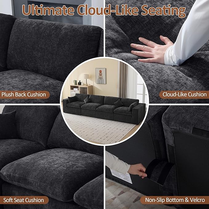 155''Cloud Boneless Sectional Couch, Modular Sectional Sofa Deep Seat, Oversized Upholstered Convertible Comfy 4 Seater Chenille Memory Foam Sofa Couches for Living Room, Dark