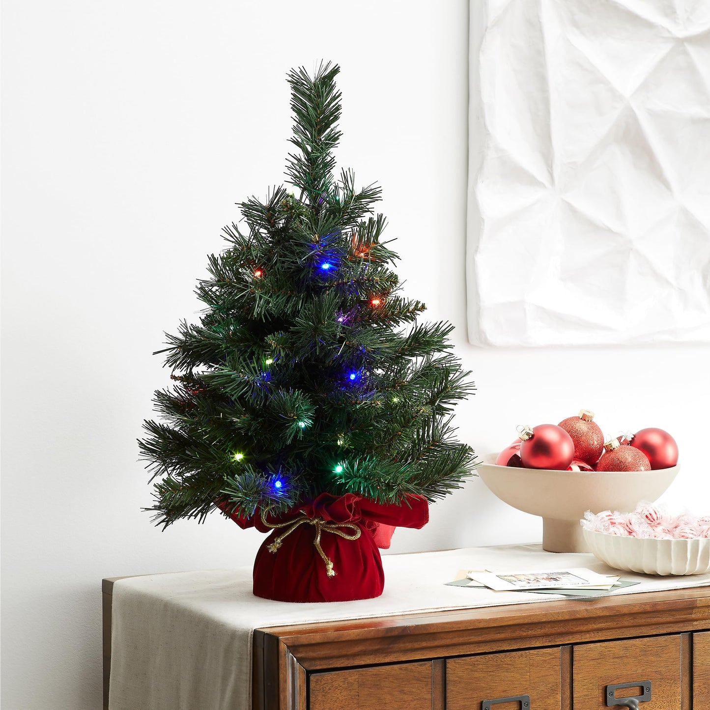 National Tree Company Pre-lit Artificial Mini Christmas Tree | Includes Multi-Color LED Lights and Cloth Bag Base | Majestic Fir - 2 ft