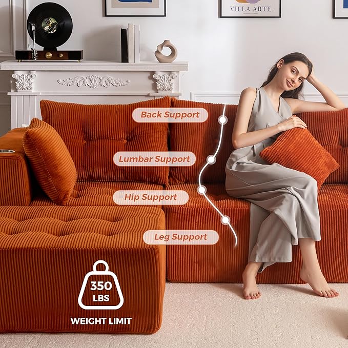 MAXYOYO Modular Sectional Sofa Couch, L Shaped Modern Cloud Couch with 1 Ottoman, Sofa in A Box, Tufted 4-Seat Boneless Sleeper Chair for Living Room, No Assembly Required, Orange