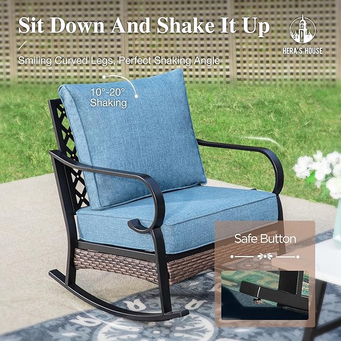 HERA'S HOUSE 4 Piece Metal Patio Furniture Set, All Weather Outdoor Conversation Set with 3 Seat Sofa, 2 Rocking Chairs & Coffee Table, Seats 5 for Backyard, Garden, Deck, Navy Blue