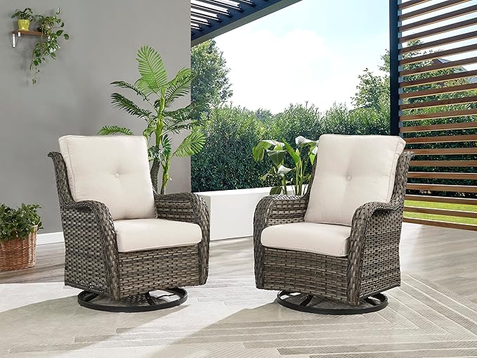 Rilyson Wicker Rocking Chair Swivel Chairs – 6 Piece Rocker Patio Furniture Set Rattan Rocking Bistro Sets with Glass Top Side Table for Outdoor Porch Deck Garden Backyard(Mixed Grey/Beige)