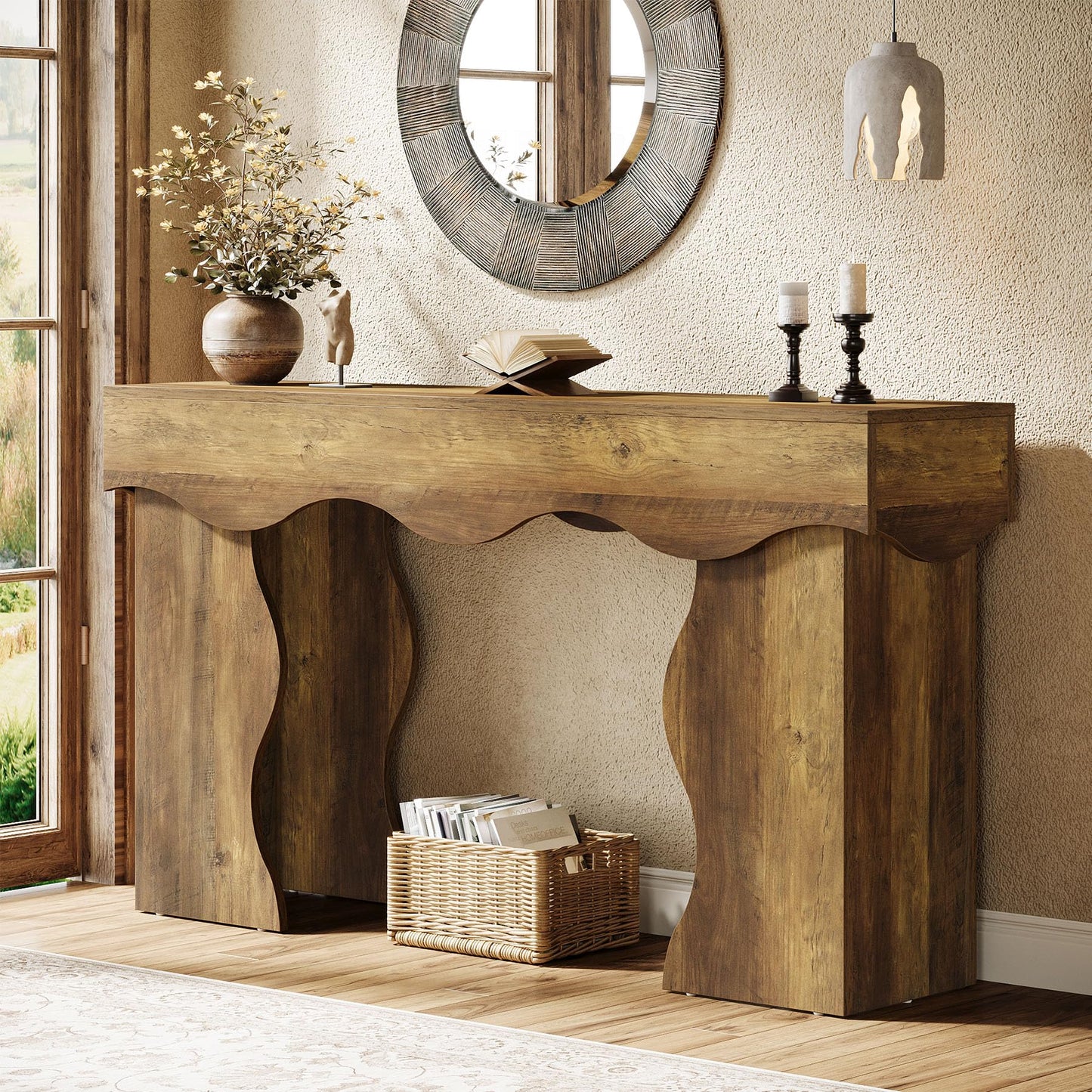 Tribesigns 55.1" Console Table, Farmhouse Entryway Table with Scalloped Edges, for Hallway Foyer Living Room Entrance, Behind Sofa, Brown