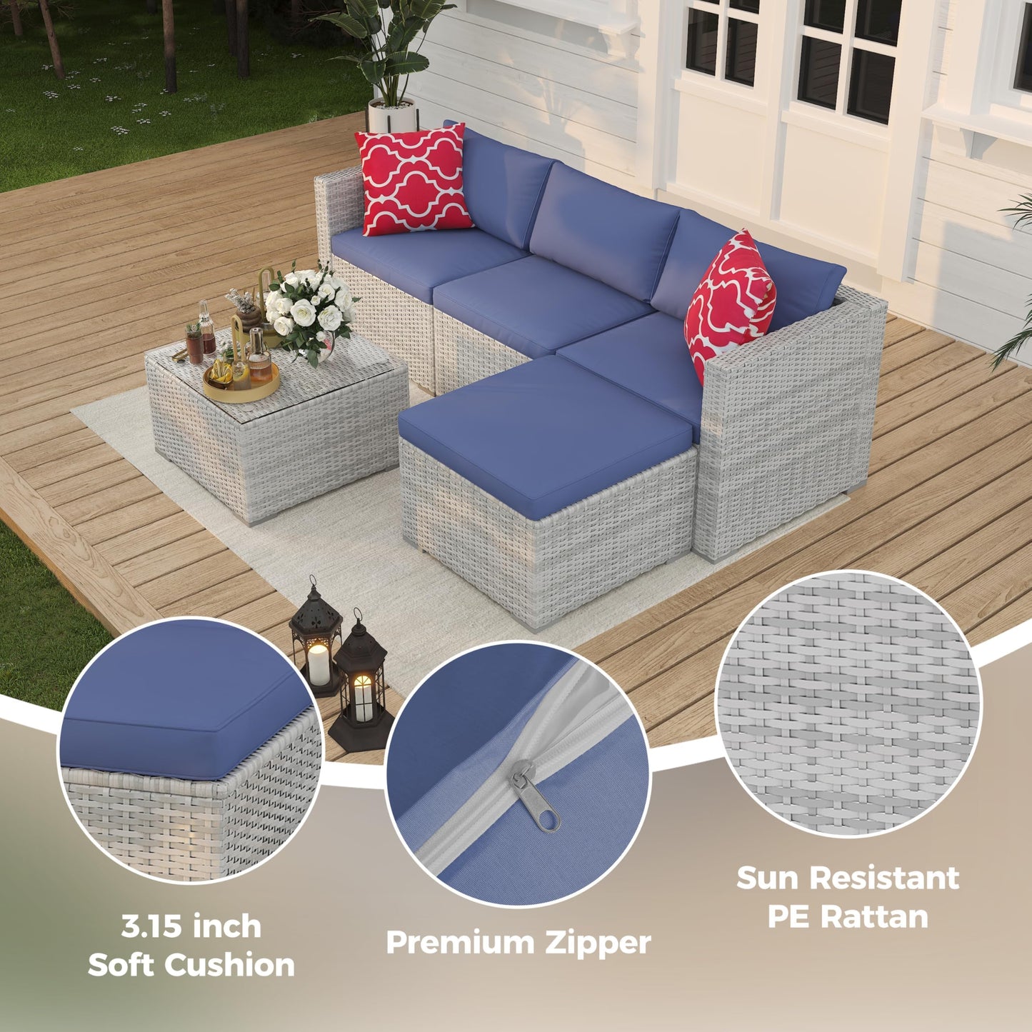 IDEALHOUSE 5-Piece Outdoor Sectional Sofa Set – All-Weather PE Rattan Conversation Furniture with Tempered Glass Table, Waterproof Blue Cushions & Footstool – Garden, Porch, Poolside – Gray Gradient