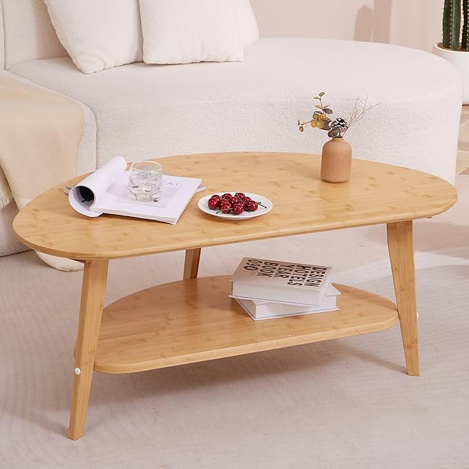NAVREX Mid Century Modern Coffee Table, Oval Coffee Tables with Storage for Living Room, 2 Tier Solid Wood Center Table, Wooden Coffe Tables, Easy Assembly, 40.2" D x 22" W x 17.7" H | Mid-Century Modern, for Living Room, FSC Certified, Wooden, Coffee ...