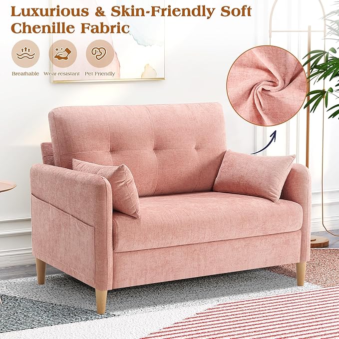 Hanherry Loveseat Sofa, 47” Small Couch for Living Room, Chenille Fabric Love Seat Comfy Sofa for Bedroom with Throw Pillow,Removable Cushion Cover,Couches for Small Space,Apartment,Dorm