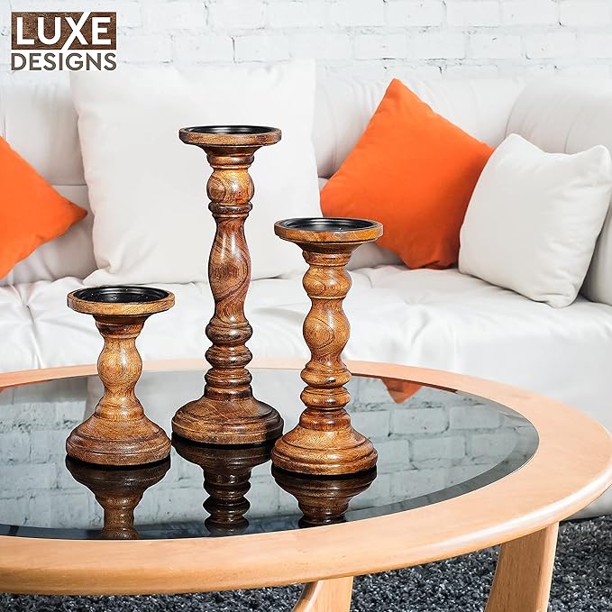 Large Candle Holders for Pillar Candles - Rustic Farmhouse Style Home Decor - Perfect for Table Centerpieces, Coffee Table or Fireplace Mantel - 3 Piece Set - Natural