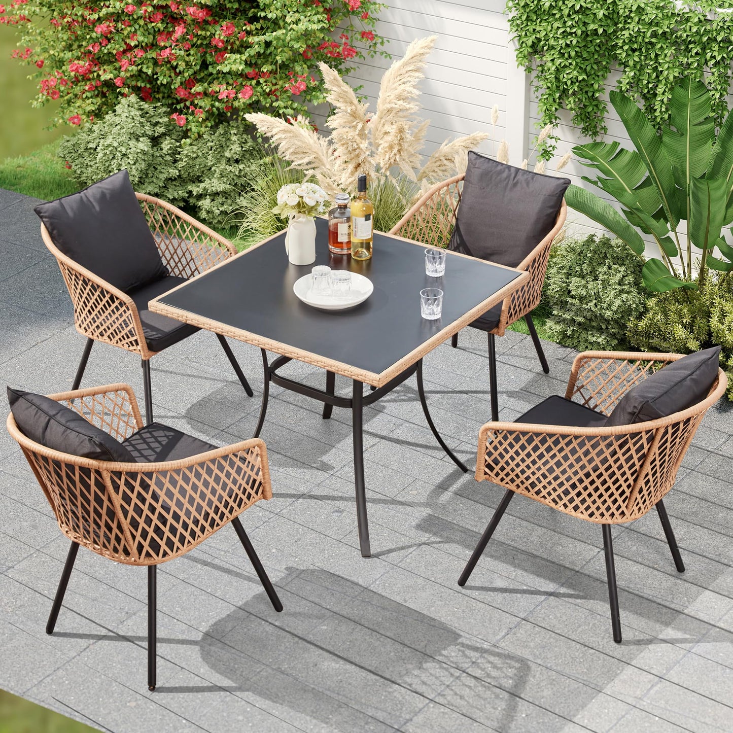 ECOTOUGE 5 Piece Patio Dining Set, Wicker Outdoor Furniture Set w/Glass Square Table, 4 PCS Chairs w/Waterproof Cushions for Backyard Garden Deck, Yellow/Black