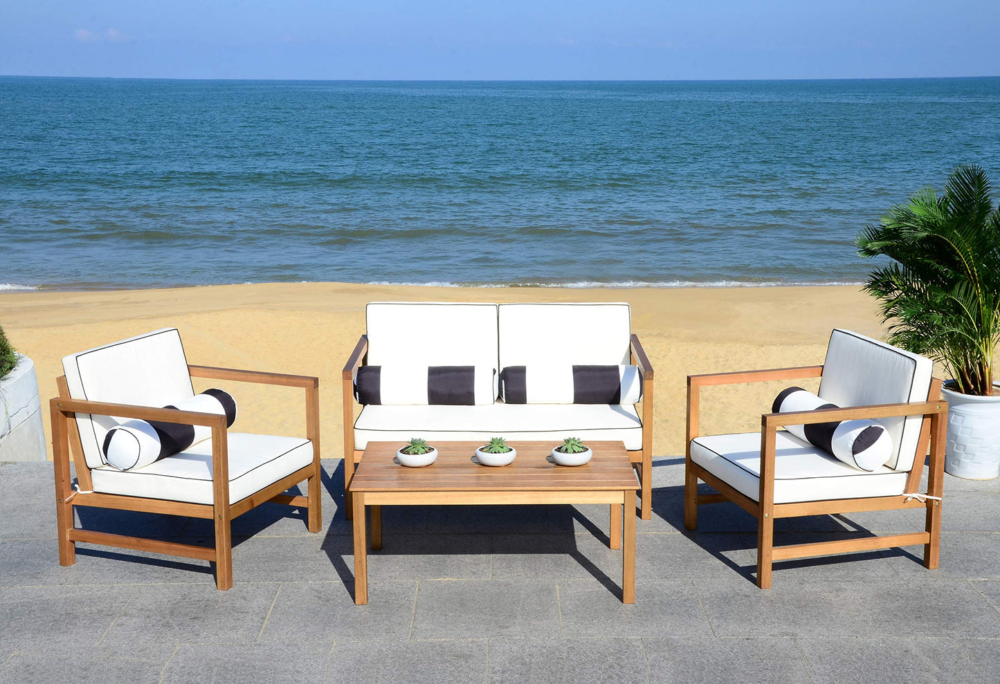 SAFAVIEH Outdoor Collection Montez Natural/ White Cushions/ Striped Bolster Pillows 4-Piece Conversation Patio Set