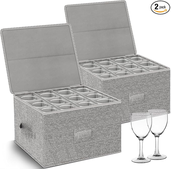 Kukikan Wine Glass Storage Box 2-Pack, Stemware Container Cases, Stackable w/Hard Shell Top Sides Bottom, Moving Supplies,...