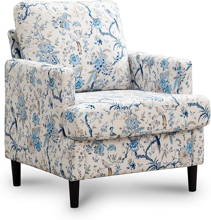 Weture Mid-Century Accent Chair,Modern Linen Fabric Armchair for Living Room,Comfy Upholstered Reading Accent Chairs for Bedroom,Single Sofa Chair with Wood Legs (Blue Flowered Bird, 1 Pack)