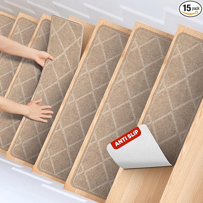 MBIGM 8" X 30" (15 in Pack) Non-Slip Carpet Stair Treads Non-Skid Safety Rug Slip Resistant Indoor Runner for Kids Elders & Pets with Reusable Adhesive - Cornstalk Diamond Weave