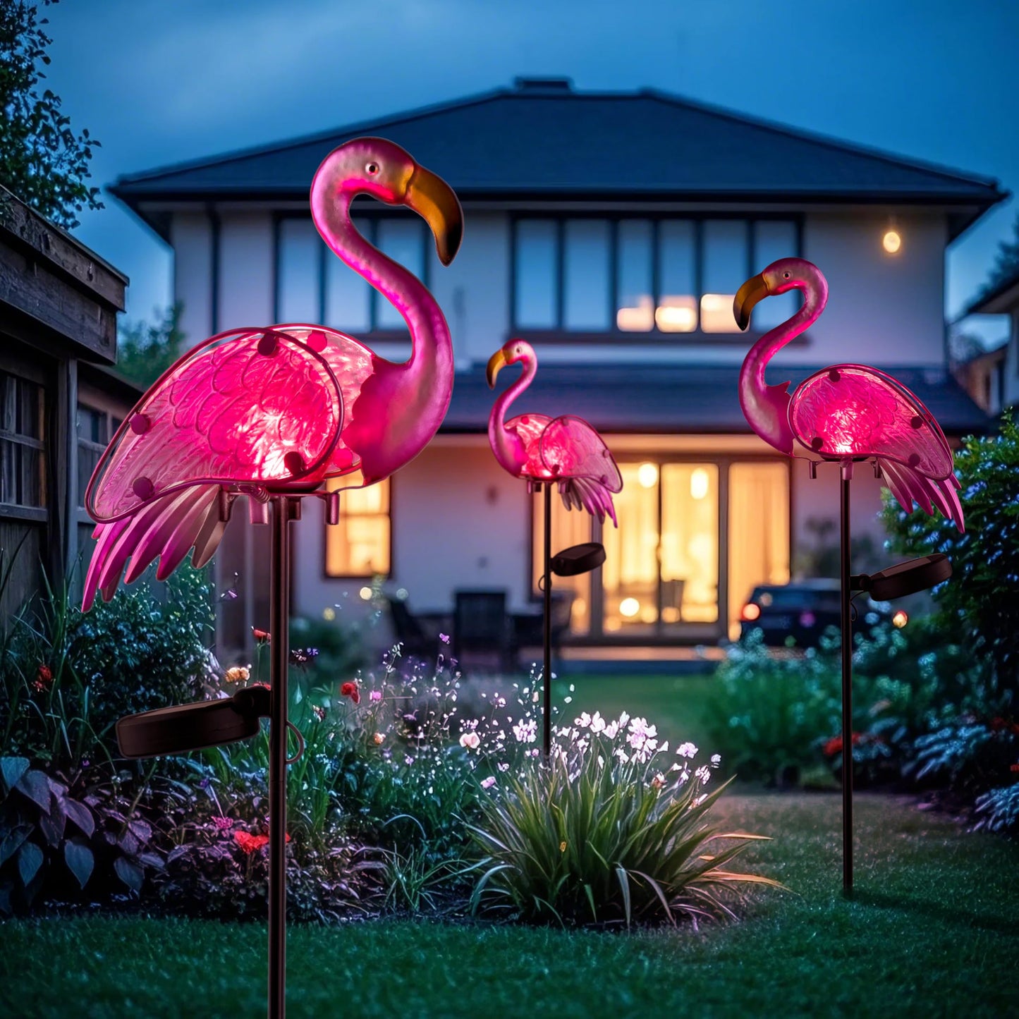 AWENDIETOU Garden Solar Lights,Pink Flamingos for Yard Art Decor,Solar Metal Flamingo Lights Outdoor,Solar Powered Statues for Yard and Garden,Flamingo Gifts for Women