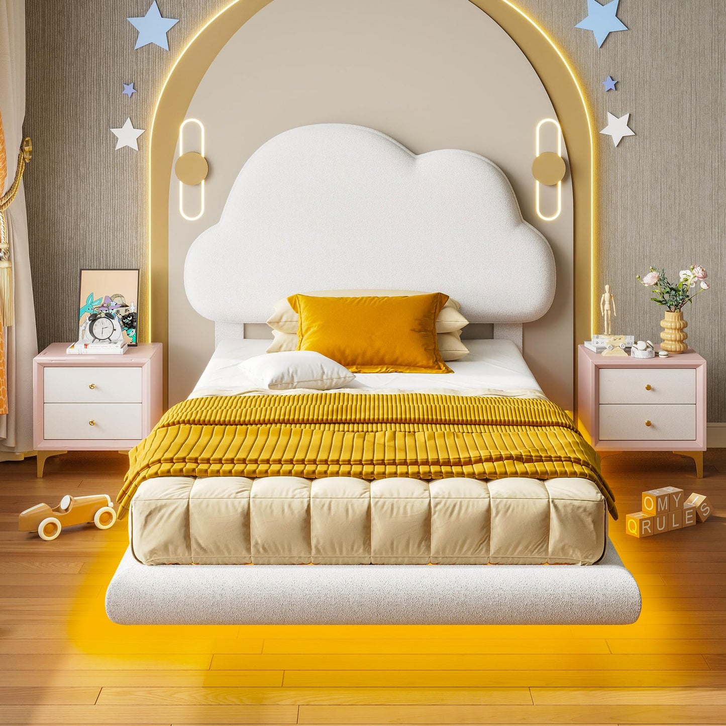LIKIMIO Twin Bed Frames with LED Light, Floating Bed Frame with Upholstered Headboard, Solid Wooden Slats Support, No Box Spring Needed, White