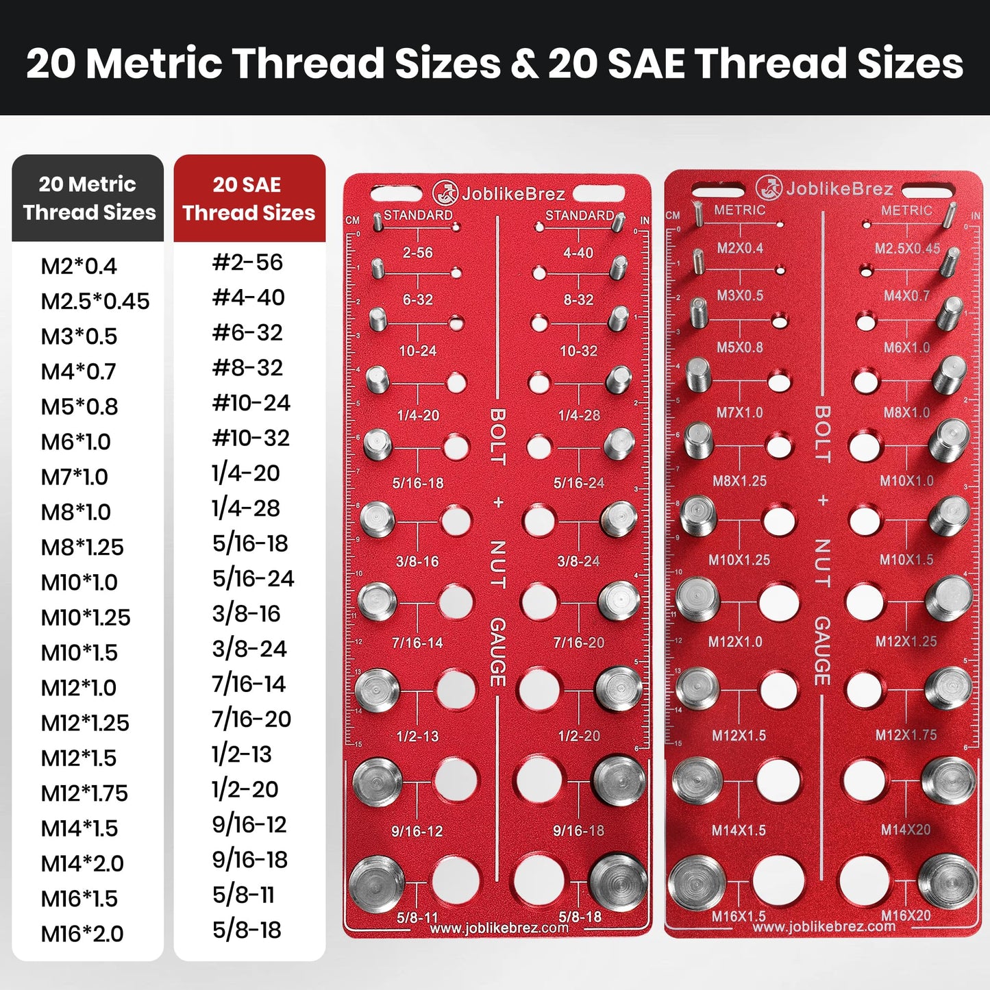 JoblikeBrez Thread Checker, 40 Nut and Bolt Thread Checker, Bolt Size and Thread Gauge 20 Standard & 20 Metric, Bolt Size Finder, Wall-Mountable Bolt Thread Identifier Gauge with Inch & CM Ruler