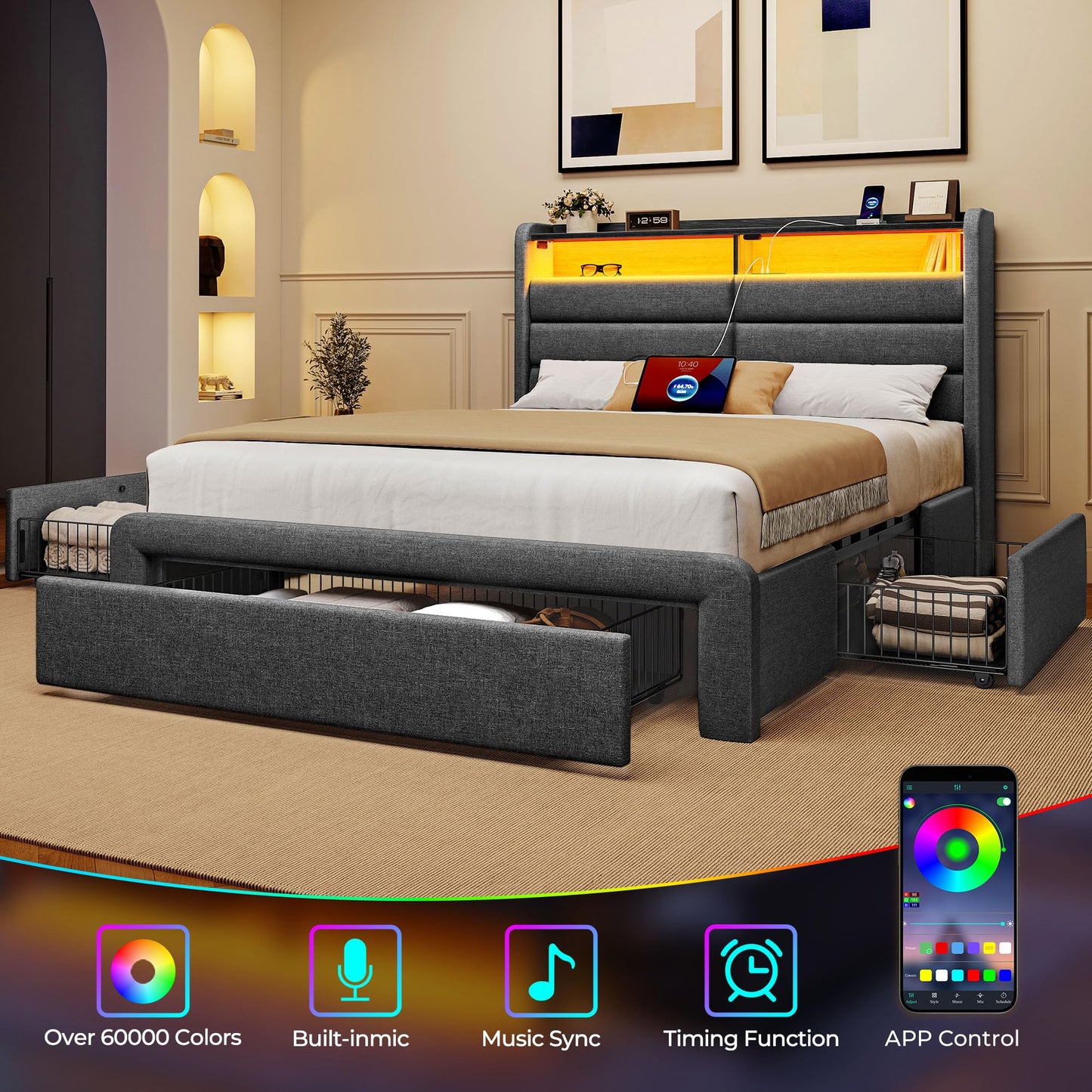 Seventable Twin Size Bed Frame with 3 Storage Drawers & Charging Station, Upholstered Platform Bed with Storage Headboard and LED Light, No Box Spring Needed, Noise Free, Easy Assembly, Dark Grey