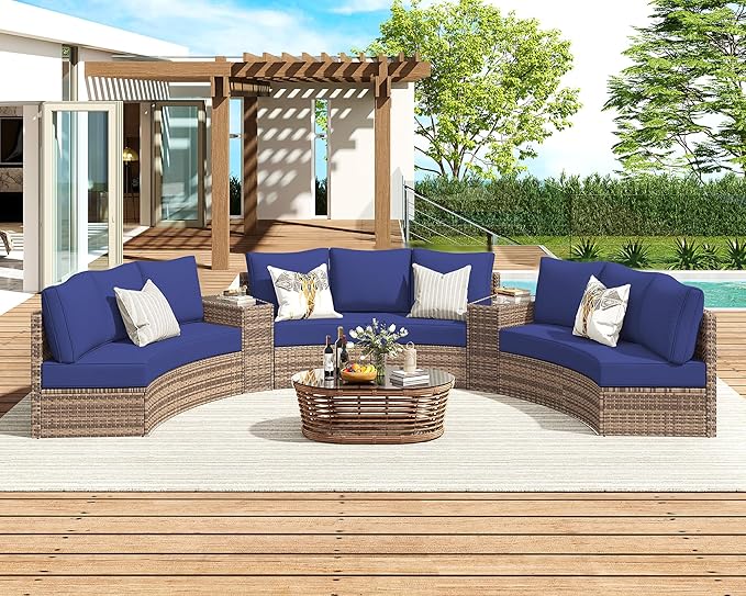Patio Furniture Sets, 6 Piece Half-Moon Sectional Round Sofa Set, Outdoor Patio Furniture with Cushions for Beach, Pool, Balcony, Blue