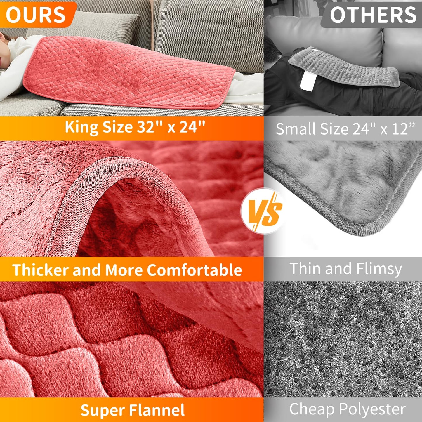King Size Heating Pad for Back Pain 32"x24" Extra Large Electric Heating Pad for Period Cramps Relief & Body Neck Shoulder Auto Shut Off Heat Pad Temperature Settings Machine Washable Red
