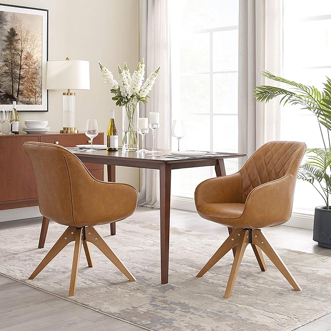 Art Leon Dining Chair - Mid Century Modern Swivel Dining Room Chair, Faux Leather Upholstered Arm Chair with Wood Legs for Living Room, Claybank