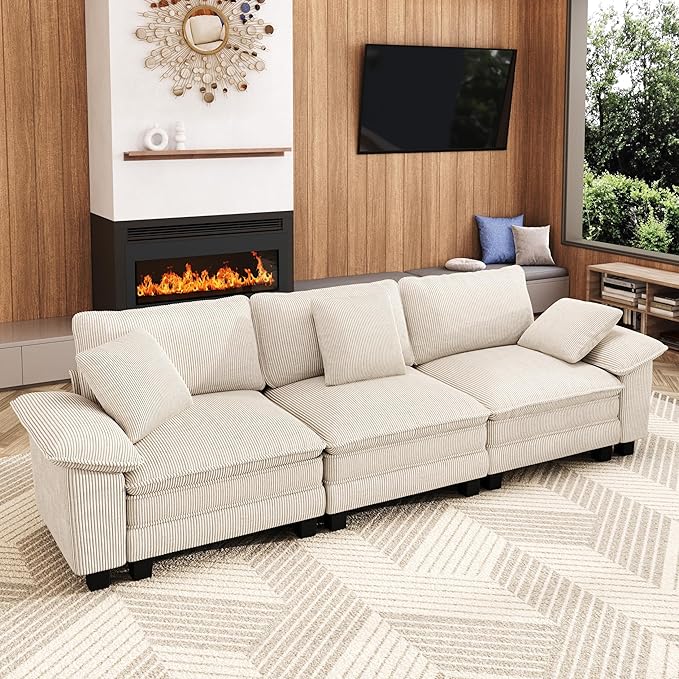 MIXPATIO 123" Cloud Modular Sectional Sofa, 3-Seater w/Deep Seat & Removable Arms, Plush Corduroy for Living Room - Beige