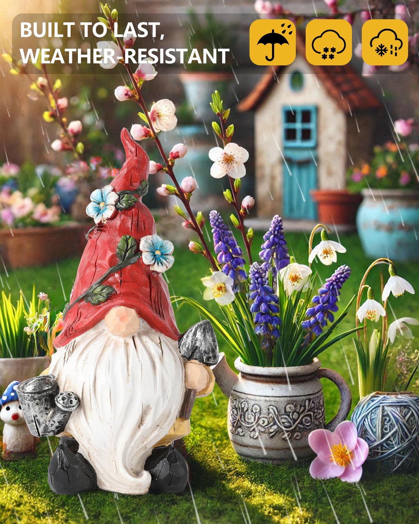 GoGnome Hand-Painted Resin Garden Gnome with Watering can and Shovel Figurine - 9.1" Summer and Spring Decorations for Home and Yard - Ideal Gnome Gifts for Women (Red)